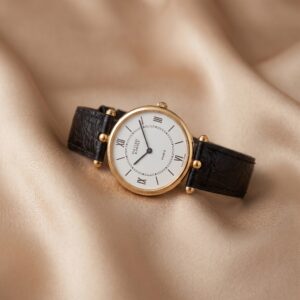 Orologio Van Cleef & Arpels Paris in Oro Giallo con Quadrante a Numeri Romani e Cinturino in Pelle